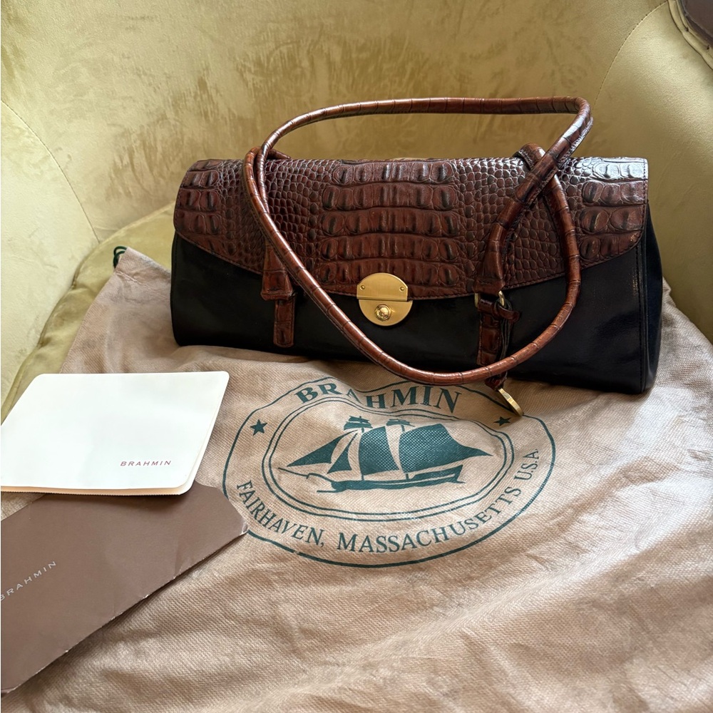 Brahmin Croc-Embossed Brown and Black Shoulder Bag